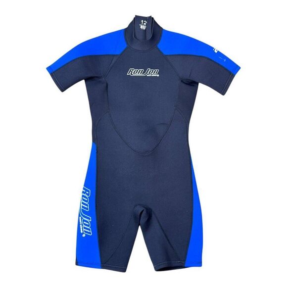 Ron Jon Surf Shop Youth Shorty Wetsuit Sz 12 Black Kids Blue Ocean Tec Neoprene - Picture 1 of 5